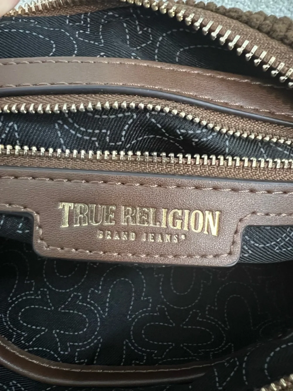 Brown True Religion Corduroy Hobo Shoulder Bag Gold Chain Strap Signature Logo